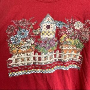 Vintage Nature Tee Shirt Country Picket Fence Flowers Birds Size Bird House XL